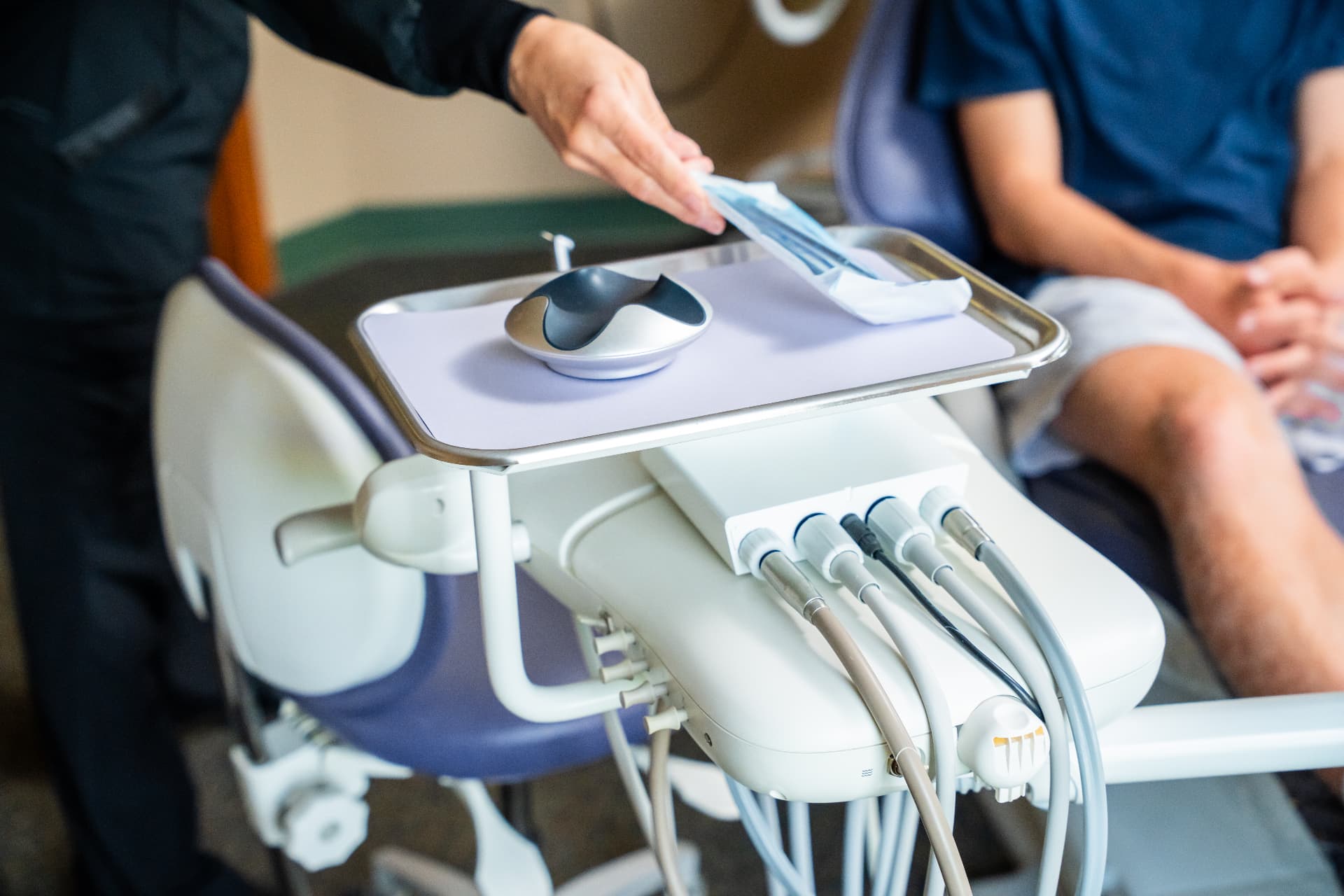 A sterile instrument tray prepared for a patient